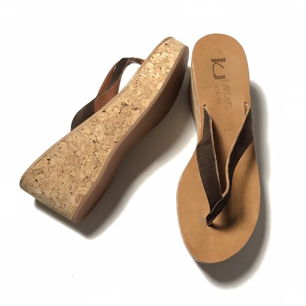 EUC K Jacques St Tropez Brown Suede Thong Platform Cork Sandals Size 39